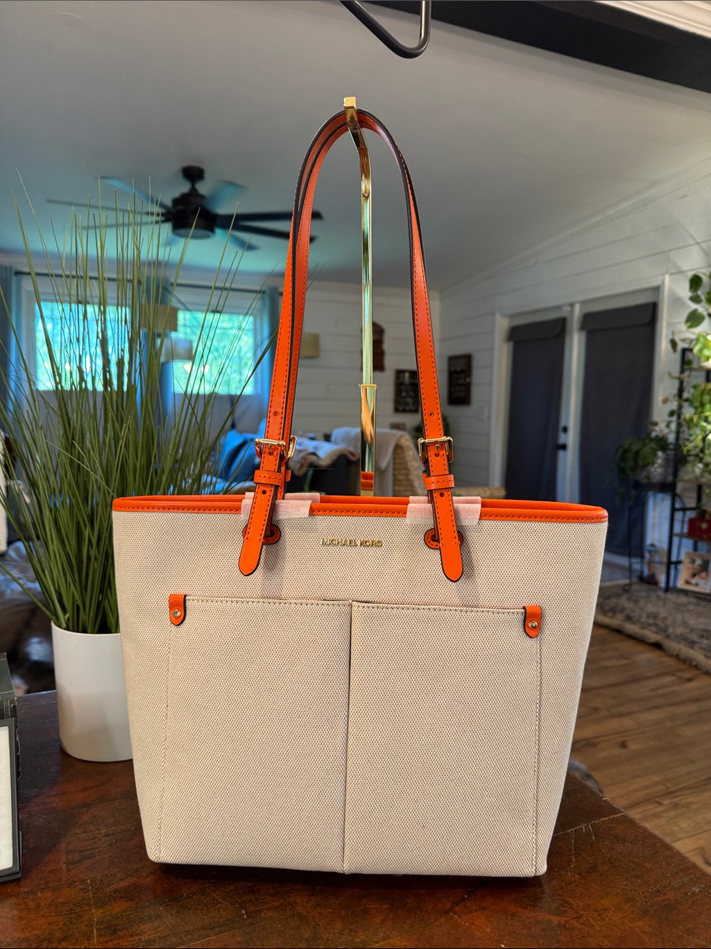 Michael Kors Beige Canvas Tote With Orange Trim And Straps